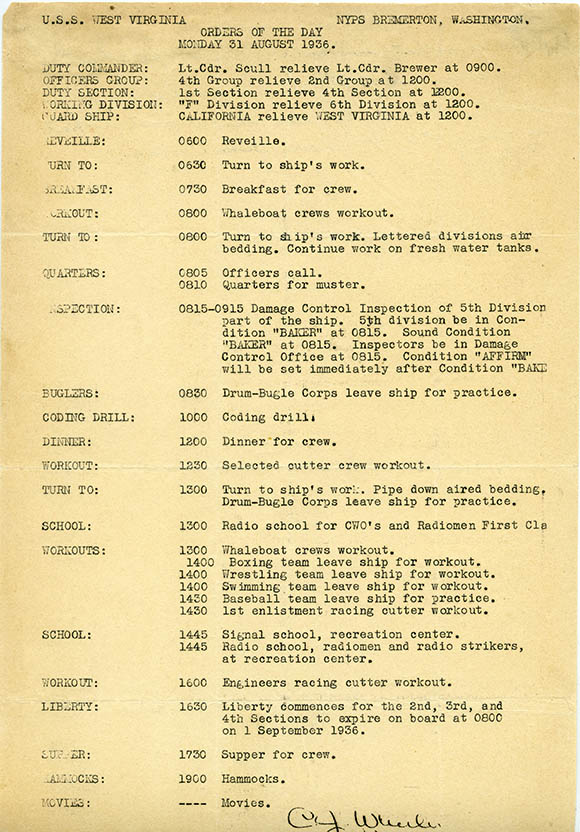 USS <em>West Virginia</em> Orders of the Day, August 31, 1936.