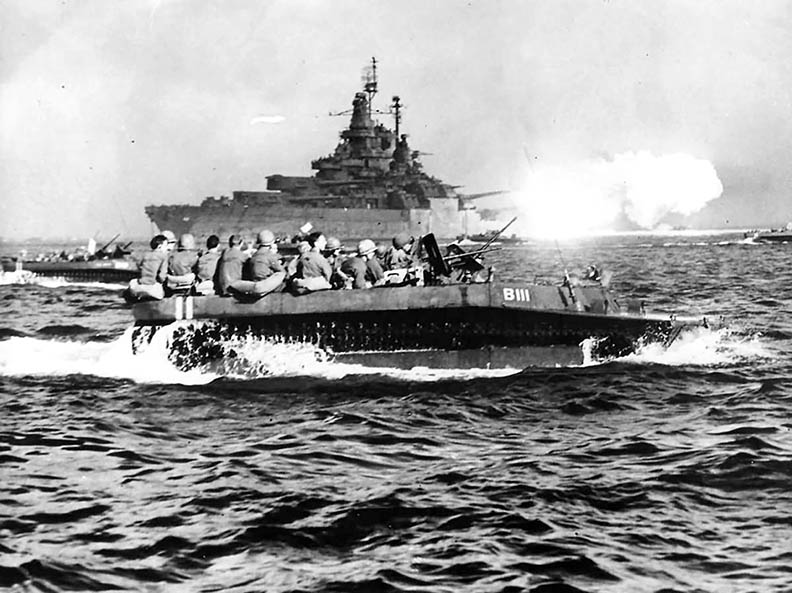 USS <em>West Virginia</em>covers troops heading to Okinawa.